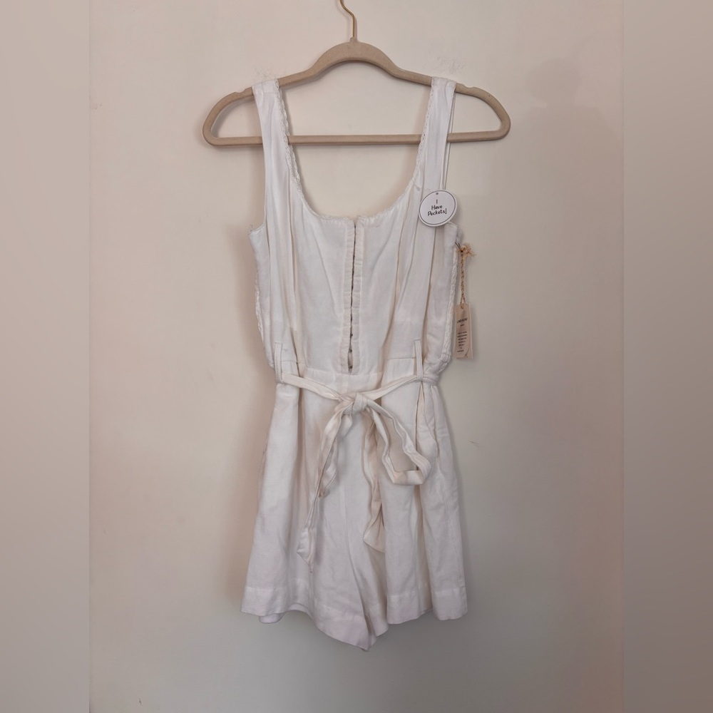 Women’s White Linen Romper with Waist Tie